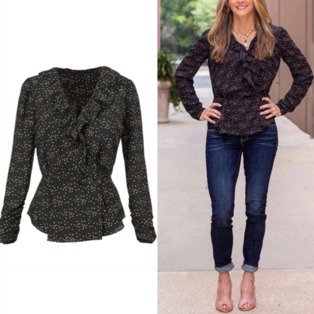 BNWT Cabi 2021 Eros Blouse #4154 Heart Print Ruffles Long Sleeve Black Medium